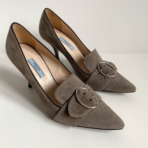 Prada Mid Heel Pointed Loafer Pump with Buckle Grey - Picture 3 of 17